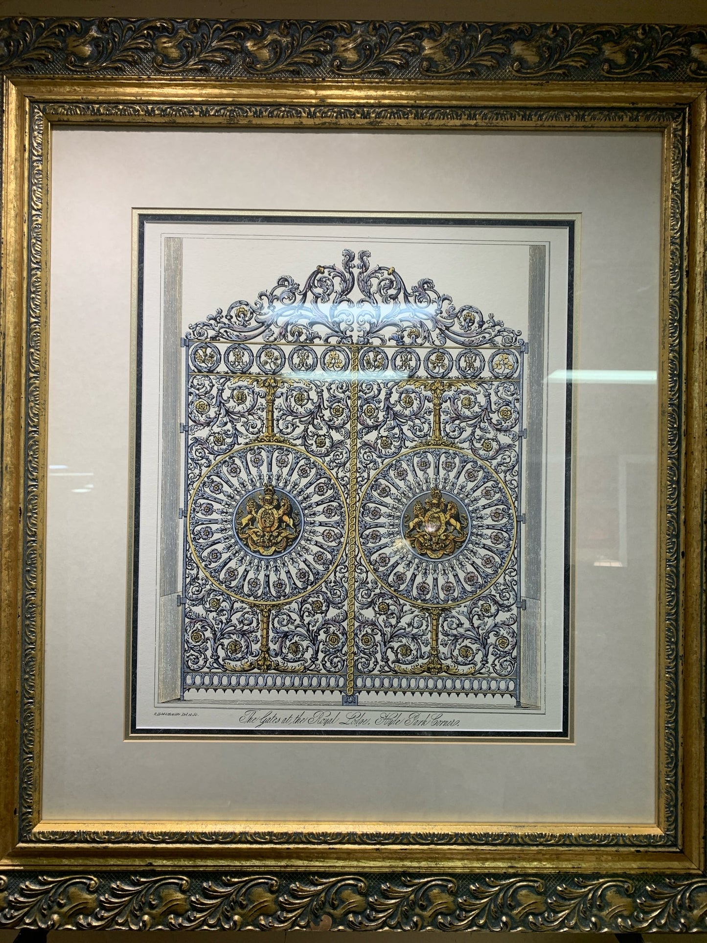 "The Gates at the Royal Lodge, Hyde Park Corner in Gold Ornate Frame (30x33)