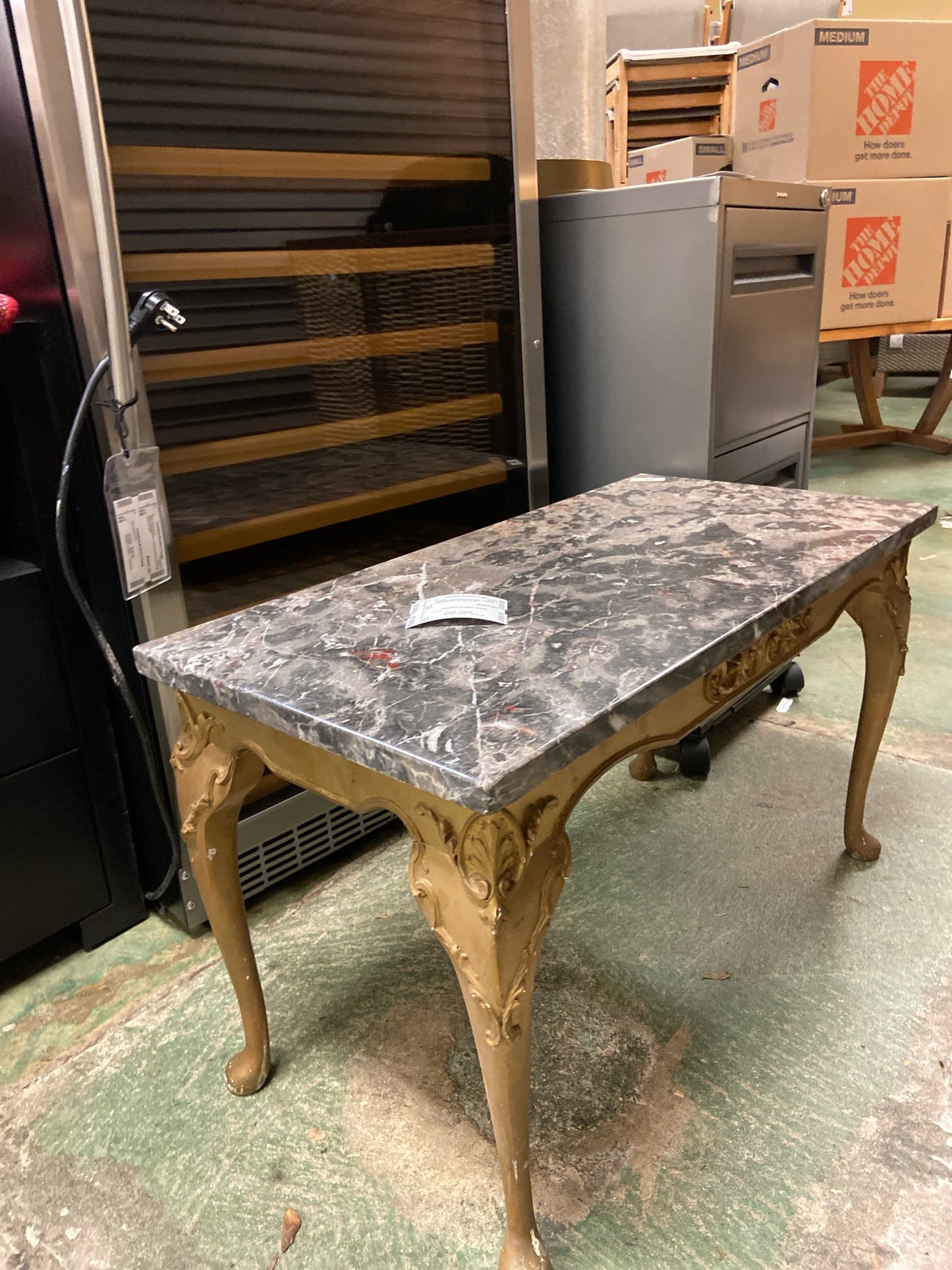 Antique Gold Rectangle Side Table w/ Gray Marble Top 30x15x18