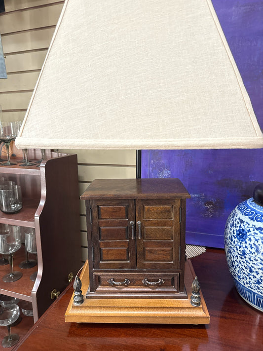 Vintage Jewelry Box Lamp w/Cream Linen Shade