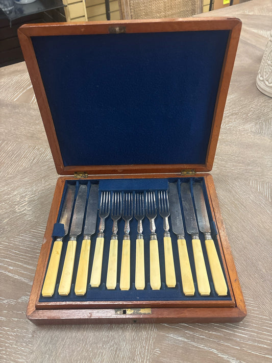 24pc Antique Sheffield Fish Utensils Service- Silver Plate/Ivory Handles