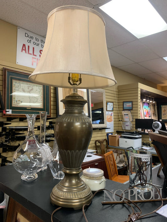 Vintage Brass Lamp w/ Silk Gold Shade 30"