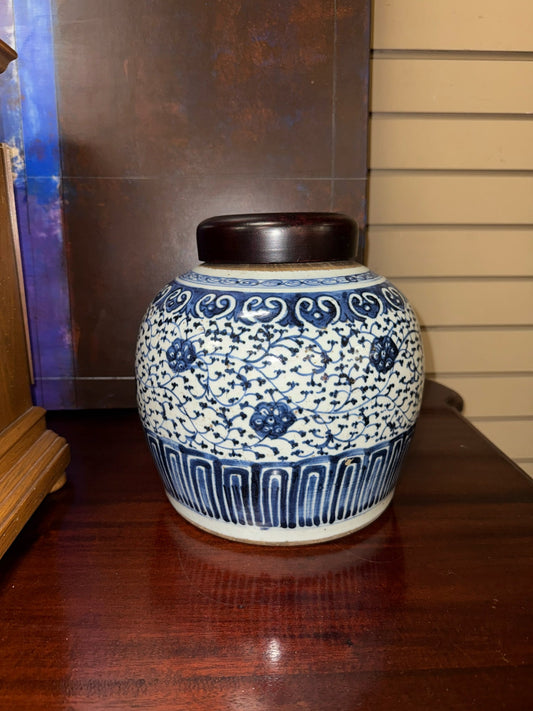 Blue & White Floral Ginger Jar w/ Wooden Lid