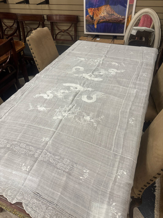 Vintage Linen & Lace Asian Tablecloth (80x62) w/ 12 Napkins