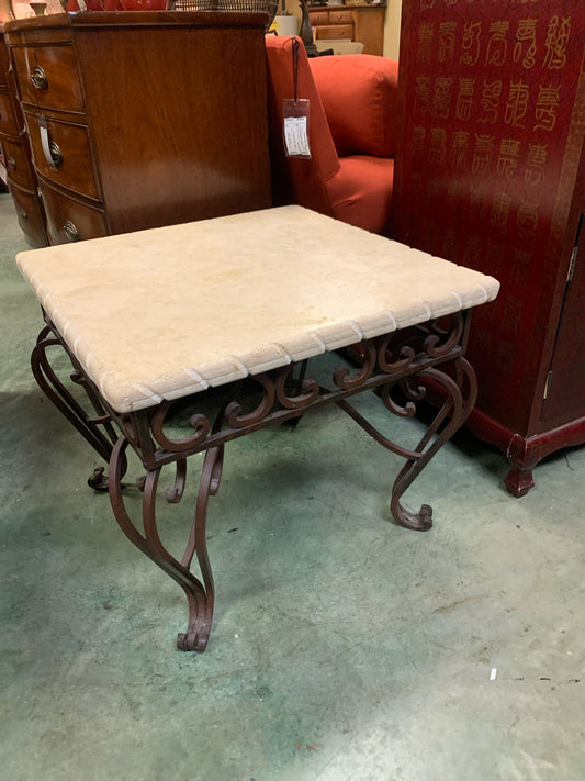 Travertine & Iron Square Side Table 28x28x23
