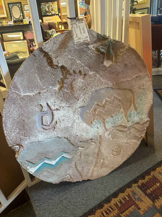 30" Hanging Round Paper Mache Buffalo Art
