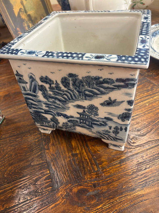 Vintage Blue & White Square Planter( chipped foot)