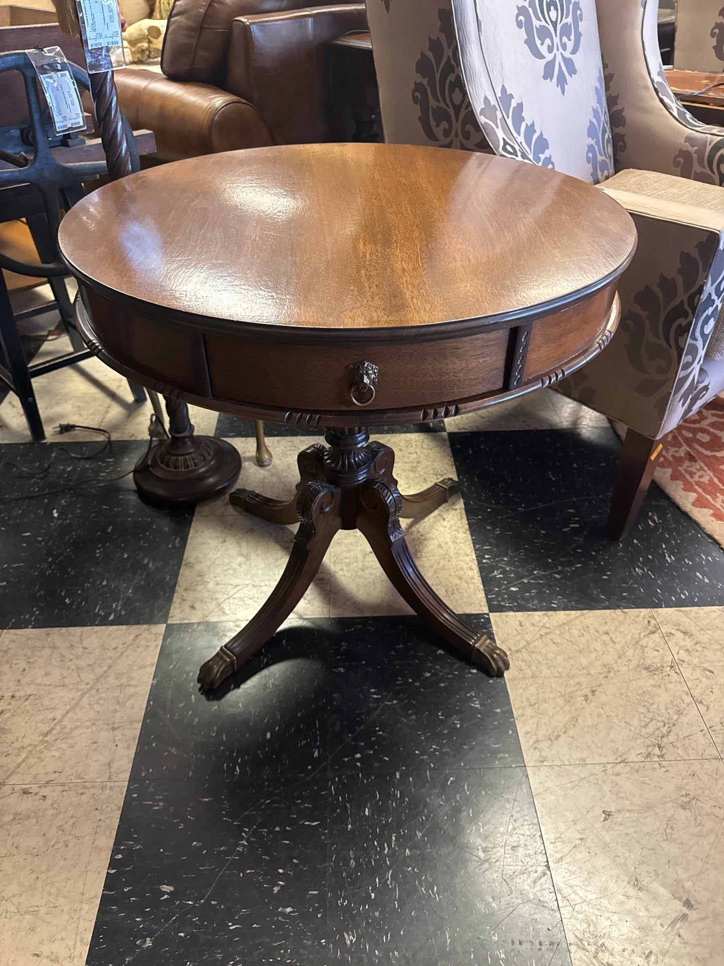 30" Round Antique Georgian Style Mahogany 1-Drawer Drum Table