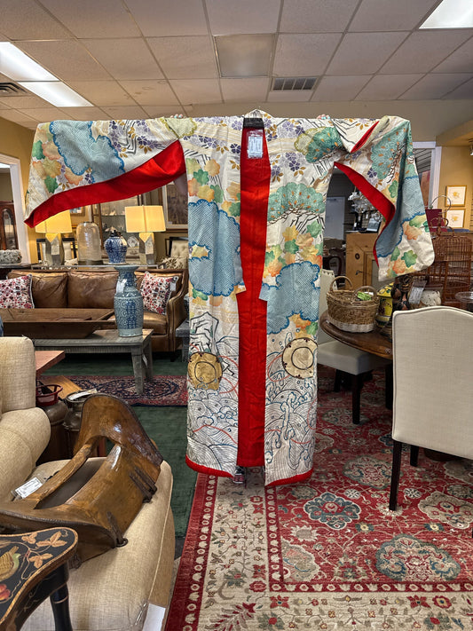 Vintage Silk Multicolored Kimono w/Wooden Sword Display Arms