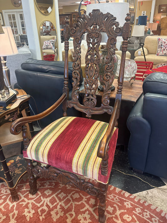Antique Hand Carved Wooden Arm Chair w/ Red/Grn/Gold Upholstery