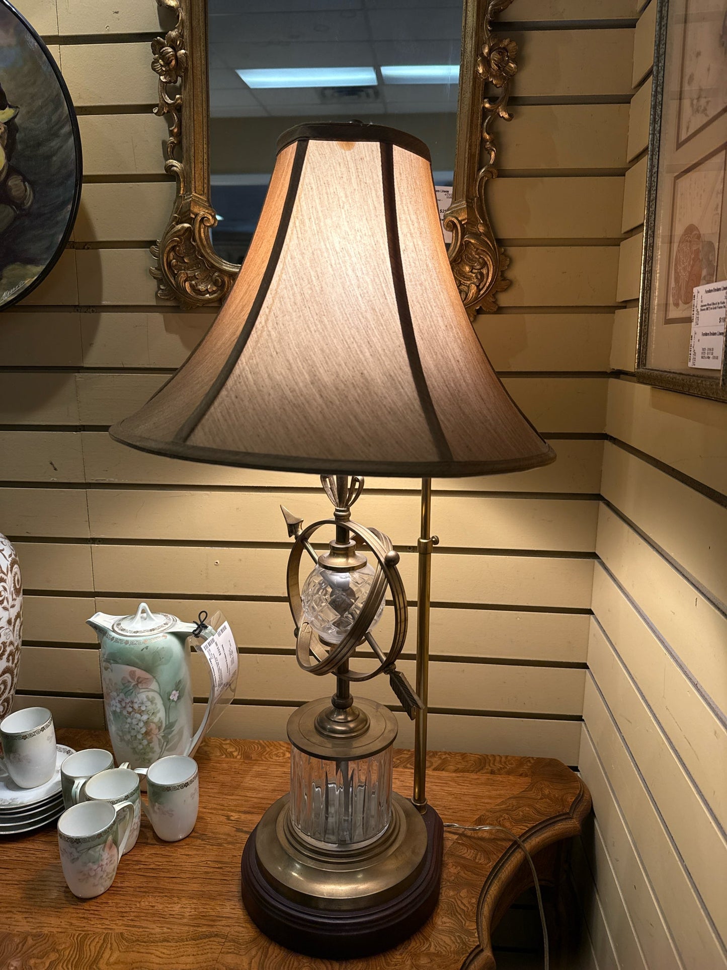 Vintage Brass/Crystal Compass Lamp w/Olive Silk Shade
