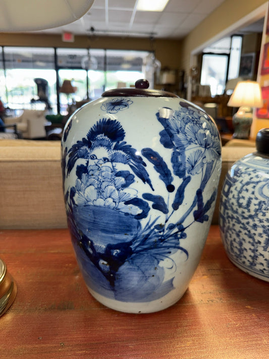Blue & White Vintage Ginger Jar w/ Wooden Lids