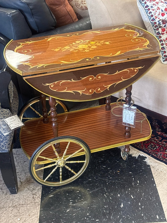 Vintage Italian Marquetry Two Tiered Drop Leaf Tea/Bar/Serving Cart