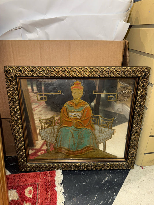 1940's Mid Century Chinsoiserie Painted Asian Noble Reserved Mirror 16x14