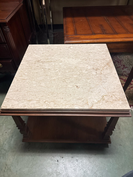 27" Square Wood Side Table w/ Marble Top
