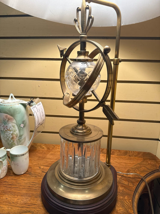 Vintage Brass/Crystal Compass Lamp w/Olive Silk Shade