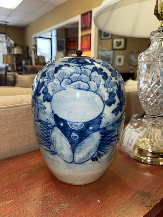 Blue & White Vintage Ginger Jar w/ Wooden Lids