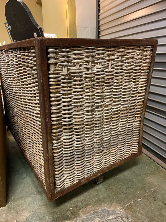 Antique ROUND TOP Outdoor Cotton Wicker Basket on Casters 42x23x33